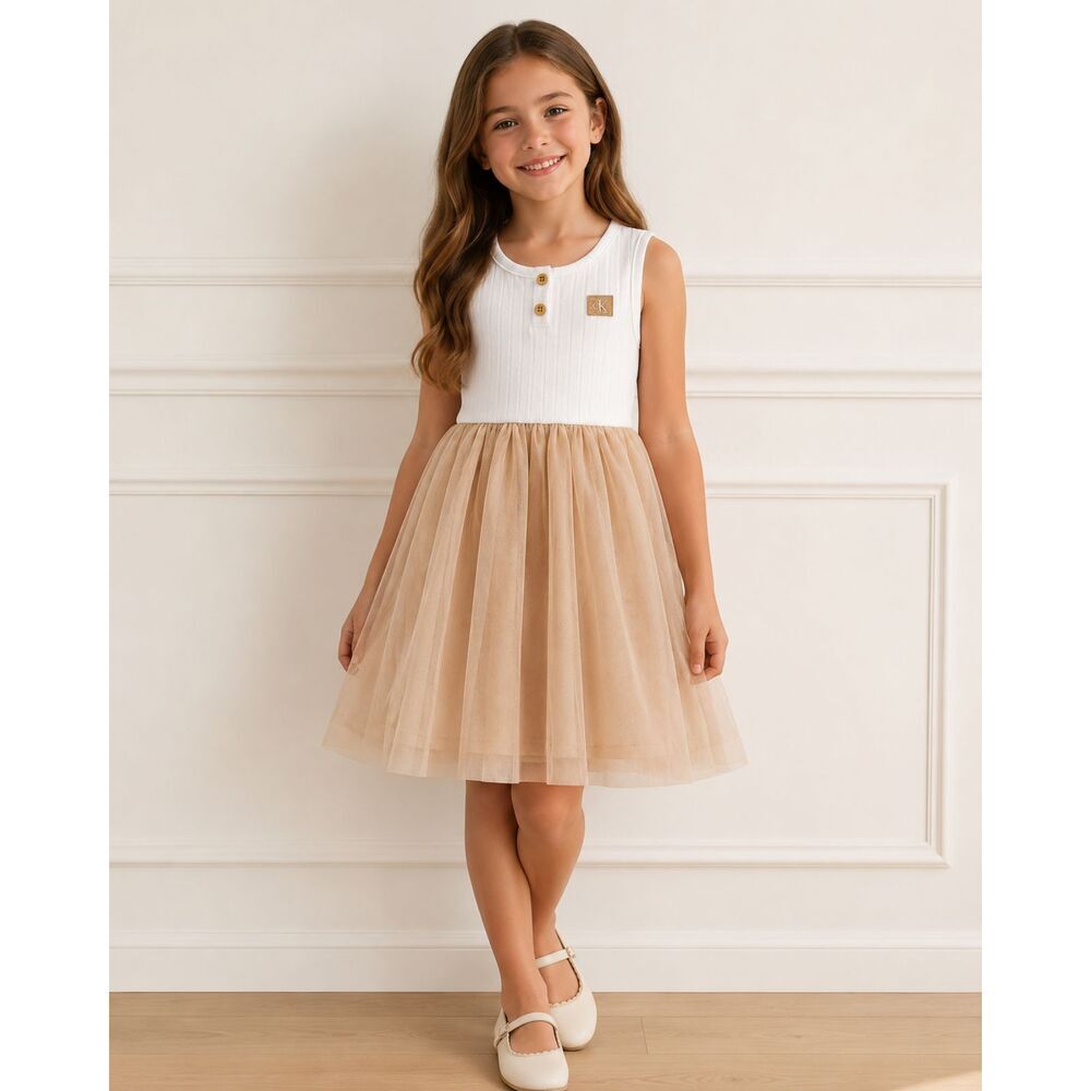 NWT Calvin Klein Girls Beige & Ivory Tulle Skirt SIZE 6 Leather Logo RET $55